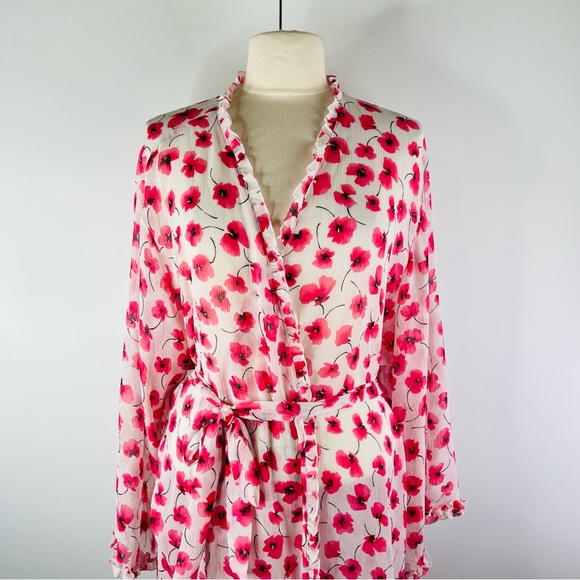 Oscar De La Renta Floral Sheer Ruffle Pretty Poppies 3X Pink Label Robe - Picture 2 of 11